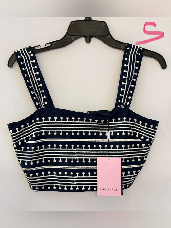 Avec Les Filles Tops - Avec Les Filles Navy and White Embroidered Crop Top